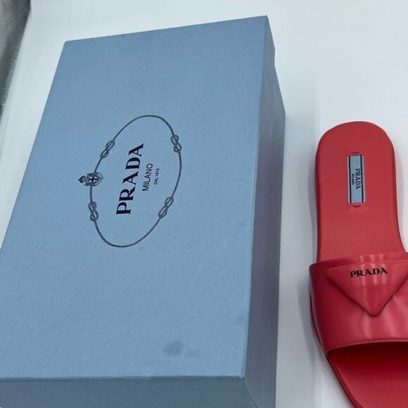 Prada Women’s Sandals Coral Logo Triangle Sandals 37.5. 7.5 women’s NEW - Picture 4 of 7